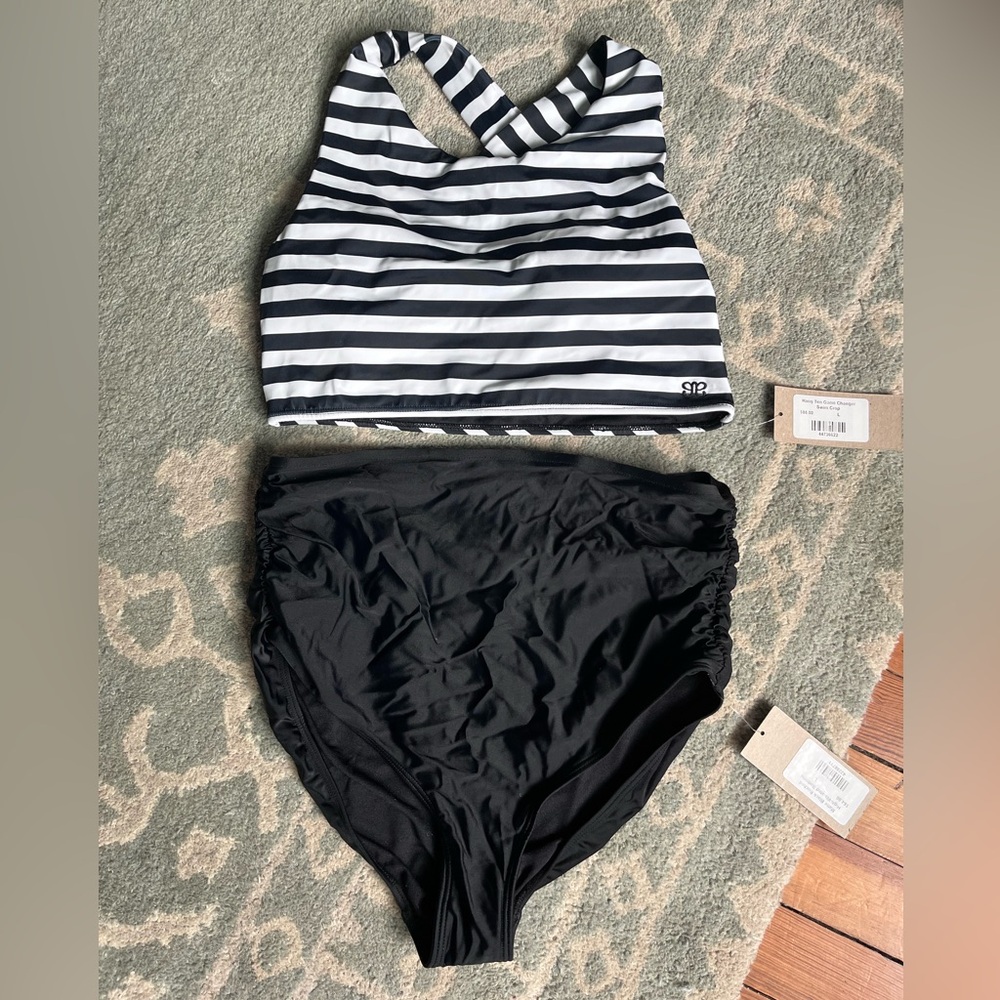 MATTE BLACK RUCHED HIGH-WAISTED BOTTOMS and Hang ten cropped swim top